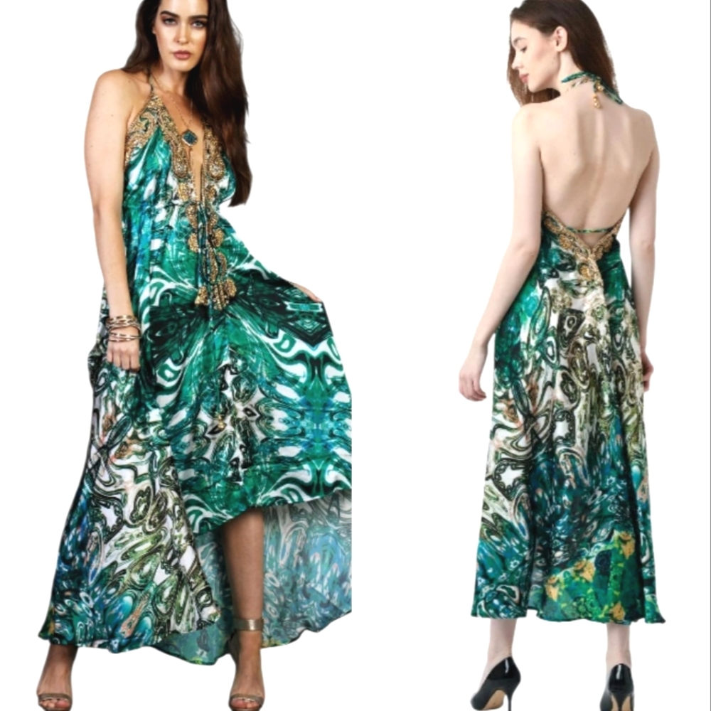Manish Vaid Green/White/Gold Ornate Marbled Beaded Halter Resortwear Maxi Dress